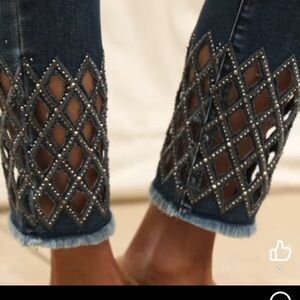 Joseph Ribkoff pearl-embellished, diamond cut-out jeans with a raw hem